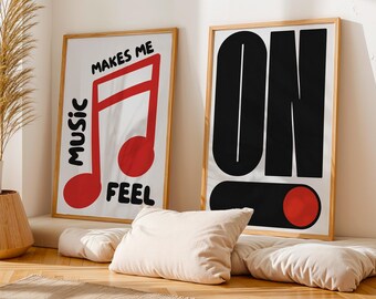 Music Lover Wall Art Set of 2, Bold Typography Poster Prints, Modern Music Studio Decor, Music Makes Me Feel ON Quote Art