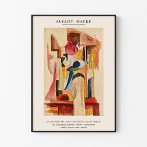 May include: A vintage poster featuring an abstract painting by August Macke. The painting is a colourful composition of geometric shapes and lines in shades of red, yellow, blue, and white. The poster includes the title "August Macke" and the text "Studie zu Willem Schaufenster" in black lettering. The poster also includes the text "Kunstausstellung Secession Gartenbau der vereinigung bildender Künstler Deutschlands" in black lettering.