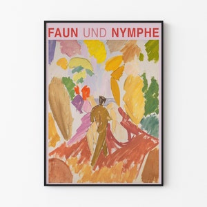 May include: A framed art print featuring an abstract painting with the text "FAUN UND NYMPHE" in red. The artwork uses a palette of warm and cool colors, including yellow, orange, brown, and purple, with a central figure in brown.