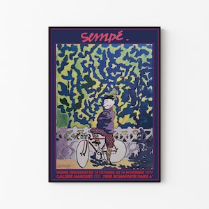 May include: A vintage poster advertising an art exhibition by Sempé. The poster features a colourful illustration of a man riding a bicycle in front of a fence and a blue and green patterned background. The text on the poster reads "sempé. DESSINS ORIGINAUX DU 18 OCTOBRE AU 19 NOVEMBRE 1977 GALERIE MAROQUET 11D, 7 RUE BONAPARTE PARIS 6"
