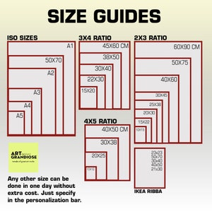 May include: A chart with size guides for different print sizes. The chart includes ISO sizes, 3x4 ratio, 4x5 ratio, and 2x3 ratio. The sizes are listed in centimeters. The chart also includes the text "ART GRANDIOSE remake of great art works".