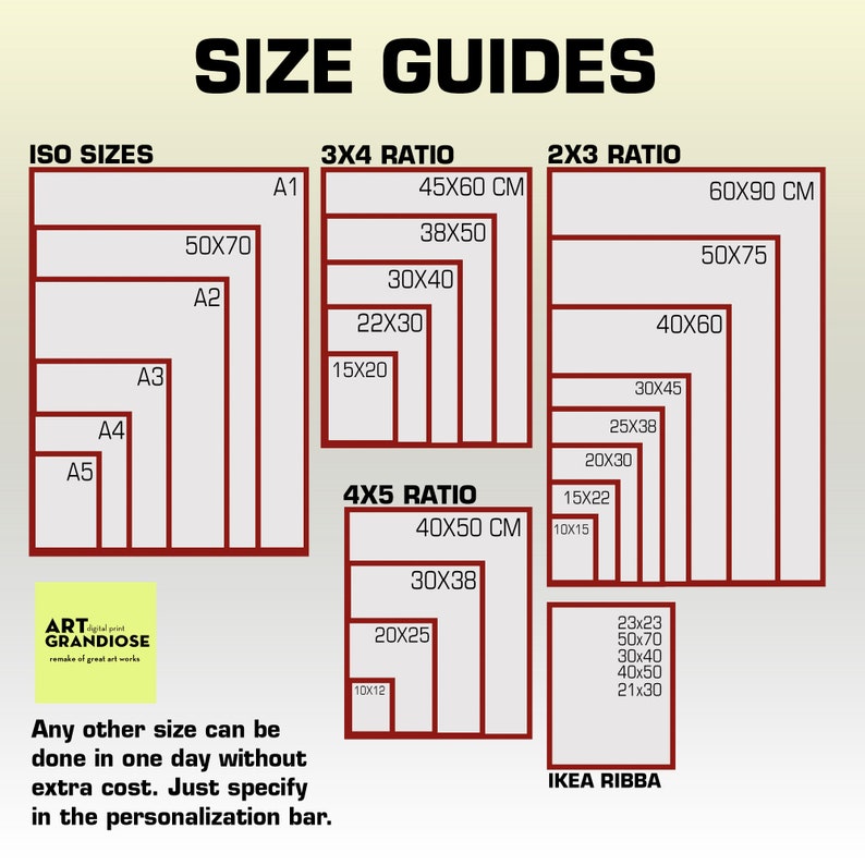 May include: A chart with size guides for different print sizes. The chart includes ISO sizes, 3x4 ratio, 4x5 ratio, and 2x3 ratio. The sizes are listed in centimeters. The chart also includes the text "ART GRANDIOSE remake of great art works".