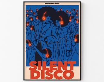 Silent Disco Illustration, Groovy Retro Music Poster, Minimalist Wall Decor, Gift for Music Lovers