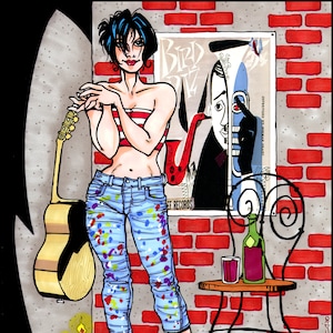 May include: A woman with short black hair wearing a red and white striped top and blue jeans with paint splatters stands in front of a brick wall. She is holding a guitar and there is a poster behind her that says "Bird Biz" and "Jeff Records".