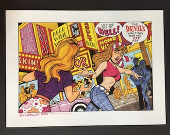 May include: A colorful comic book style illustration of a woman running away from a city street scene with signs that read "Live Nude Girls", "Skin", "Beer Wine", "Adult Books", "Home Video", and "The Devil's Waiting For Me". The woman is wearing a pink shirt, blue jeans, and a red and white striped headband. The text "Let Me Go To Hell!" is in a speech bubble above her head.