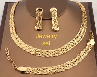 Dubai Jewelry set , Gold Luxury Punk Jewelry Choker  Necklace  bracelet and earrings for casual and wedding events