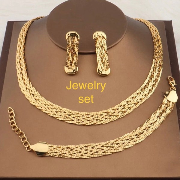 Dubai Jewelry set , Gold Luxury Punk Jewelry Choker  Necklace  bracelet and earrings for casual and wedding events