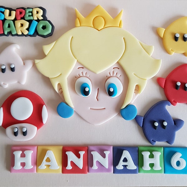 Edible Handmade Sugar Paste Fondant Icing (Unofficial) Super Mario Princess Peach Style Cake Decoration Topper and Lettering