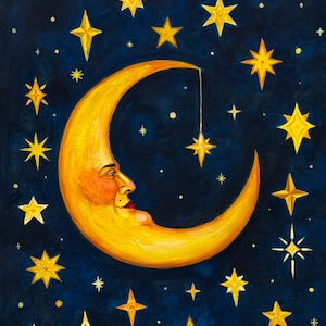 Whimsigoth Print of "Stargazer" gouache painting by Camryn Martinez. Yellow man in the moon painting with stars against dark blue background