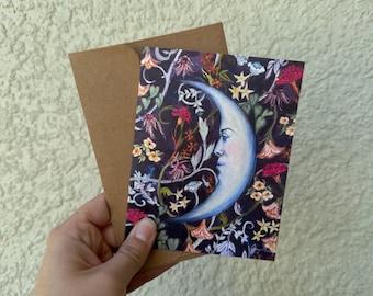 Whimsigoth floral celestial man in the moon  greeting card. "Floral Moon" Folded blank fine art card.
