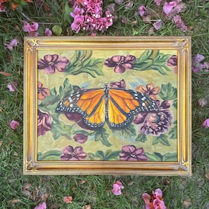 Monarch butterfly with floral tapestry background original oil painting by Camryn Martinez. &quot;Princess&quot; 16&quot;x20&quot; canvas.