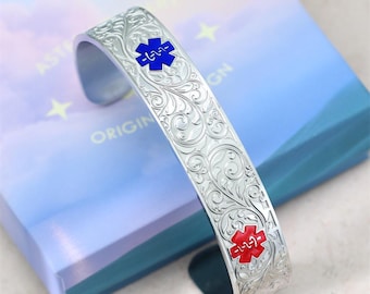 Custom Medical Alert Bracelet for Women & Men Free Engraving,Personalized Emergency EpilepsyIdentification Cuff Bangle Medic ID Jewelry