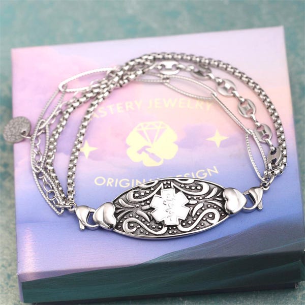 Personalized Elegant Medical Alert Bracelets for Women Free Engraving,Emergency Identification Medic ID Bracelet Women's Alert Jewelry