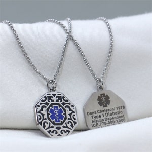 Custom Sterling Silver Medical Alert Necklace for Women Men with Engraving Personalized Identification Emergency Medical Alert ID Jewelry