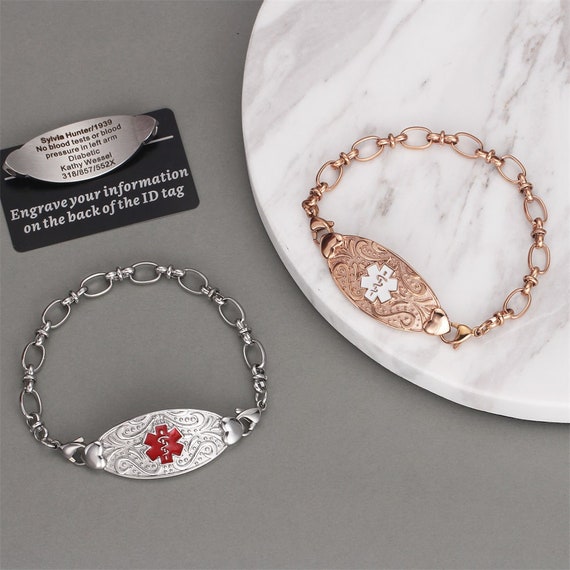 Personalized Medical Alert Bracelet For Women - Stainless Steel Bangle With Free Engraving