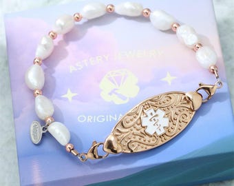 Personalized Engraved Medical Alert Bracelet with Pearl Beads for Women,Custom Medical ID Bracelet Emergency Identification Medical Jewelry