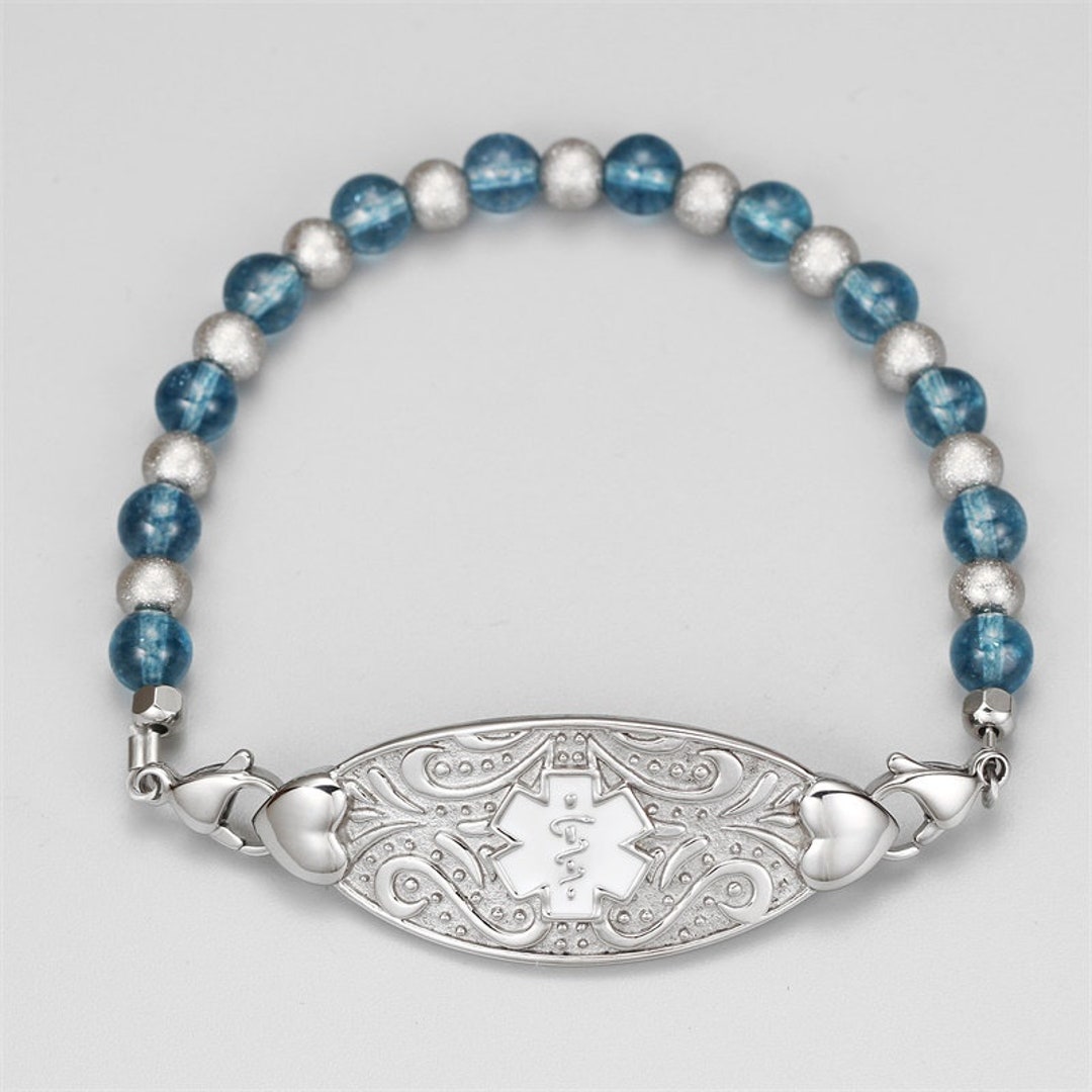 Custom Medical Alert ID Beaded Bracelet for Women Personalized Womens