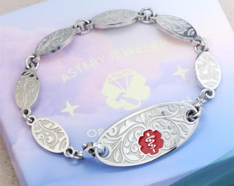 Customized Medical Alert ID Bracelets for Women with Free Engraving,Personalized Emergency Identification Comfortable Medic Alert Jewelry