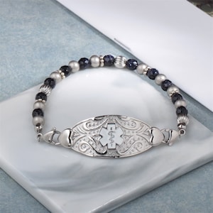 Custom Beaded Medical Alert Bracelet for Women With Free Engraving,Personalized Emergency Allergy Identification Medic ID Life Alert Jewelry
