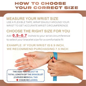 May include: An instructional graphic titled HOW TO CHOOSE YOUR CORRECT SIZE. It explains measuring wrist circumference with a flexible tape, adding 0.5-0.7 inches for fit, and provides an example: IF YOUR WRIST IS 6.9 INCH, WE RECOMMEND PURCHASING 7.5 INCH.
