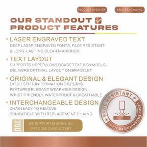May include: An informational graphic titled OUR STANDOUT PRODUCT FEATURES detailing laser engraved text, text layout, original design, and interchangeable chain features. Includes a circular badge stating FADE RESISTANT LASER ENGRAVING PROCESS and a note supporting up to 200 characters.