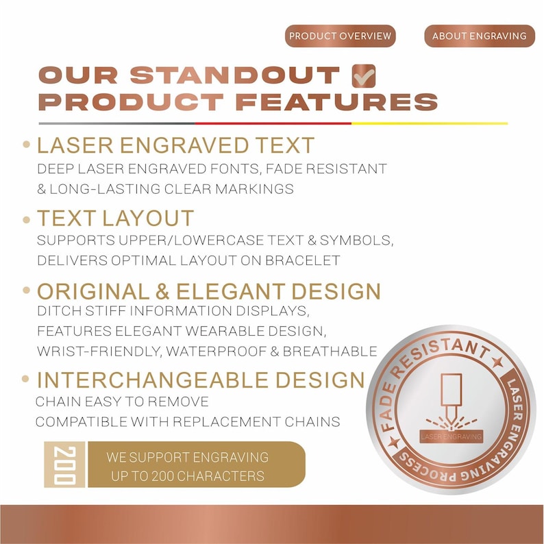 May include: An informational graphic titled OUR STANDOUT PRODUCT FEATURES detailing laser engraved text, text layout, original design, and interchangeable chain features. Includes a circular badge stating FADE RESISTANT LASER ENGRAVING PROCESS and a note supporting up to 200 characters.