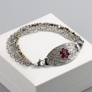 Custom Medical Alert Bracelets Free Engraving,Personalized Emergency Allergy Identification Beaded Medic ID Jewelry for Women
