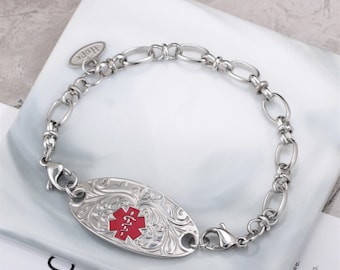 Pulsera de alerta médica personalizada para mujer, pulsera de emergencia de identificación personalizada, pulsera para diabéticos, joyería de identificación médica.