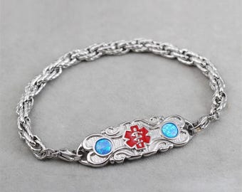 Personalized Free Engraving Medical Alert Bracelet for Women with Colored Opal Stone,Customized Medical ID Emergency Identification Jewelry