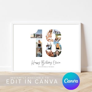 Plantilla de lienzo para collage de fotos de 18.º cumpleaños / Arte mural de recuerdo de cumpleaños importante / Letrero de fiesta editable / Impresión personalizada de feliz cumpleaños