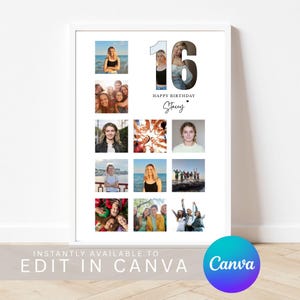 Sweet 16th Gallery Photo Collage Canva Template | Editable Keepsake Wall Art | Personalised Photo 16th Birthday Gift | 16th Birthday Print