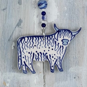 Blue & White Highland Cow Decoration image 1