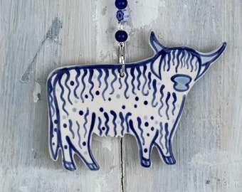 Blue & White Highland Cow Decoration