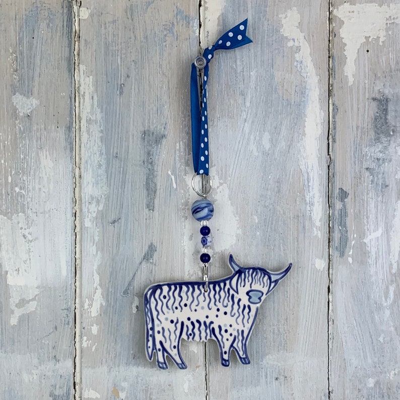 Blue & White Highland Cow Decoration image 1