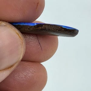 May include: A polished boulder opal gemstone featuring a vibrant, iridescent blue surface layer set against a dark, earthy brown ironstone matrix. The stone is flat and elongated, showcasing a distinct contrast between the bright blue play-of-color and the natural, textured dark brown base material.