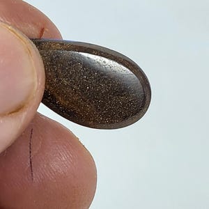 May include: An oval-shaped dark brown gemstone with a smooth, polished surface and a fine, shimmering golden glitter effect throughout the stone. The gem features a distinct dark border around its perimeter and a reflective, metallic-like luster.