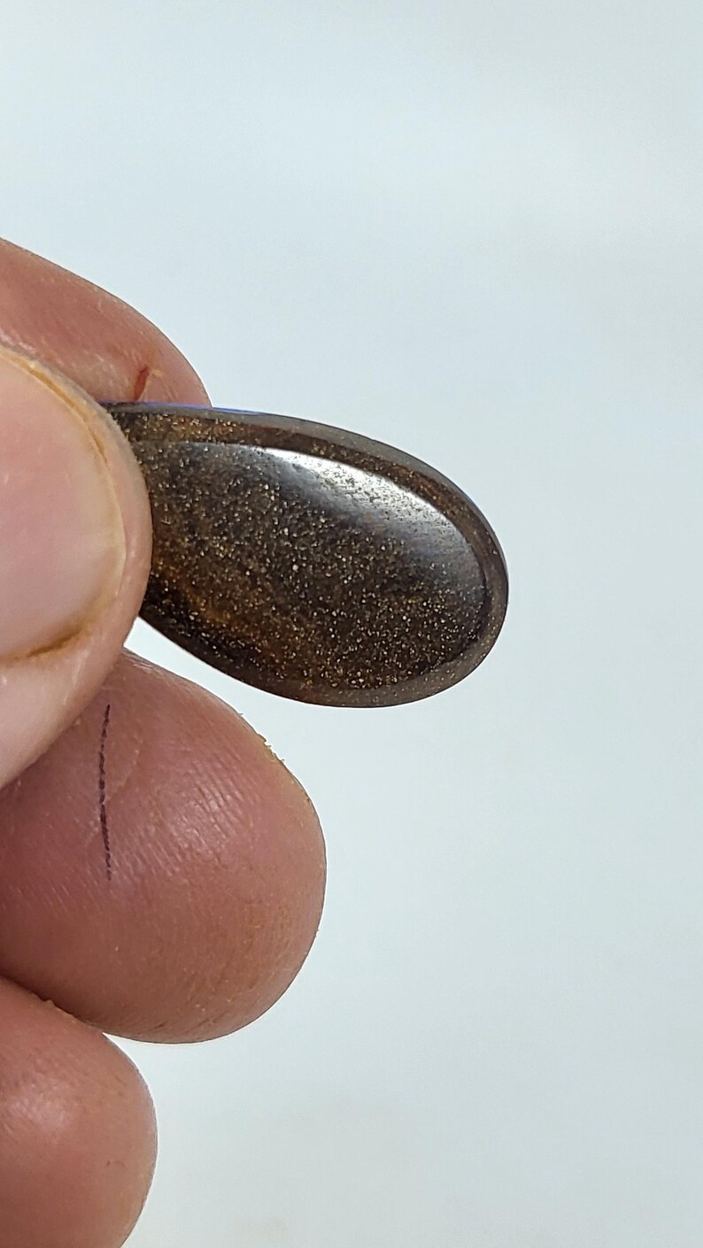 May include: An oval-shaped dark brown gemstone with a smooth, polished surface and a fine, shimmering golden glitter effect throughout the stone. The gem features a distinct dark border around its perimeter and a reflective, metallic-like luster.