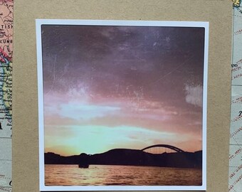 Sunset at Pennybacker Bridge - Lake Travis, Austin, Texas - homemade 5x5” card