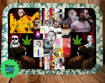 May include: A rectangular rolling tray featuring a collage of Mac Miller album covers and portraits, including sunflowers, cannabis leaves, and smoking imagery. The border has a green damask pattern, and a green starburst graphic reads Now 30% off!