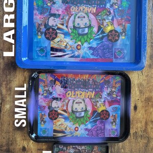 May include: Three rectangular trays of varying sizes. The large blue tray and small black tray feature a Naruto anime graphic with characters and the text Naruto. The mini black tray displays a collage of hip-hop artist images and the text Thug Life.