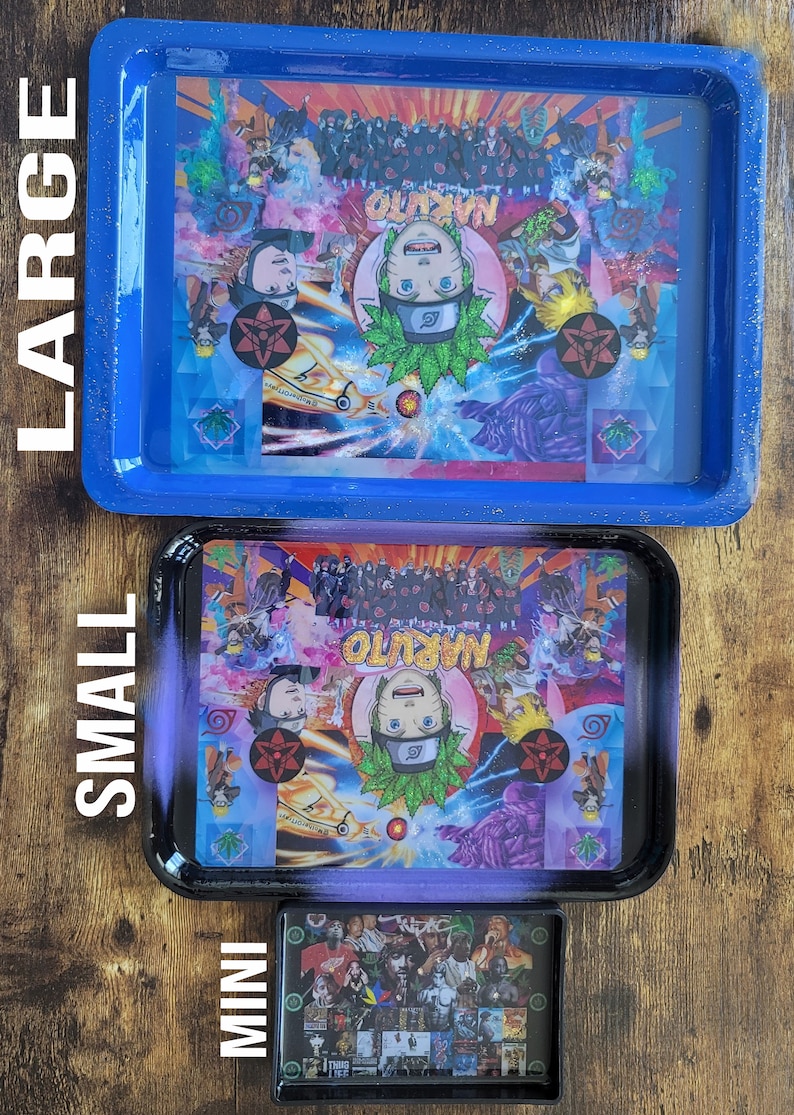 May include: Three rectangular trays of varying sizes. The large blue tray and small black tray feature a Naruto anime graphic with characters and the text Naruto. The mini black tray displays a collage of hip-hop artist images and the text Thug Life.