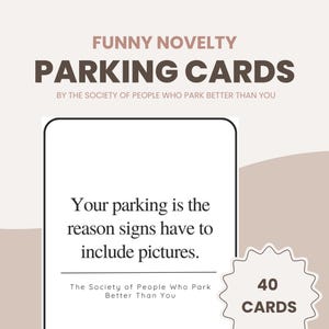 Tarjetas de estacionamiento imprimibles • Divertido mensaje "Eres un desastre aparcando" • Descarga digital de 40 tarjetas • Advertencias atrevidas para quienes no aparcan