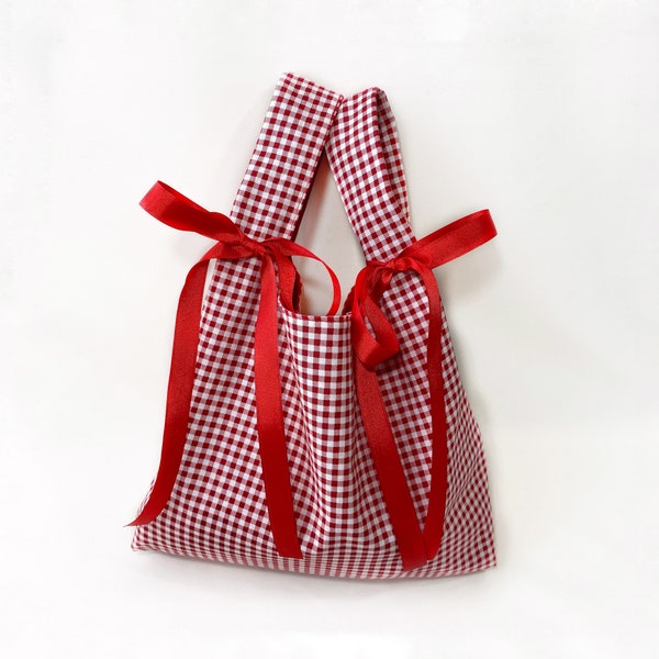 Small Red Plaid Bag, Small Hand Bag, Shopping Bag, Reusable Shopping Bag, Shopping Tote