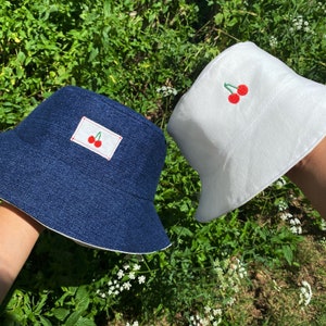Cherry Embroidered Demin/White Bucket Hat