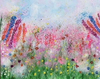 Wildflower pink and blue floral art painting | Beautiful flower paintings for sale | 16 x 12 inches by Joyanna Hart Studio Wildflower Meadow