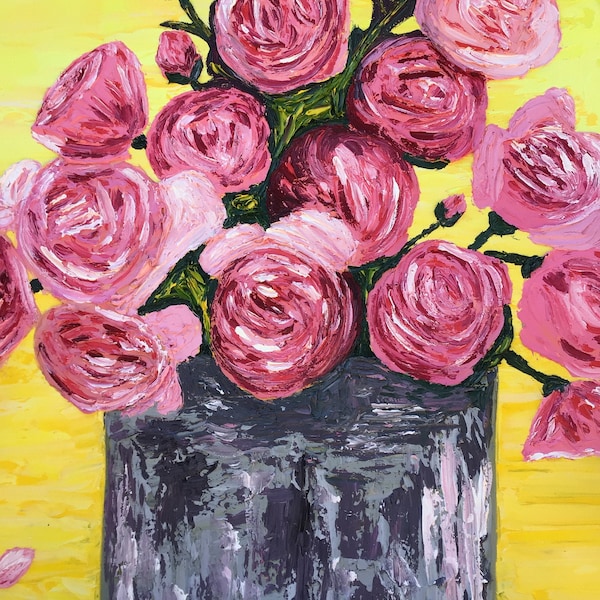 Peinture de pivoine sur toile, empâtement, peinture acrylique florale, peinture d'empâtement, pivoines roses, peinture de bouquet de fleurs dans un vase