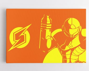 May include: A yellow silhouette of a video game character, Samus Aran, from the Metroid series, standing on an orange background with a yellow lightning bolt logo.