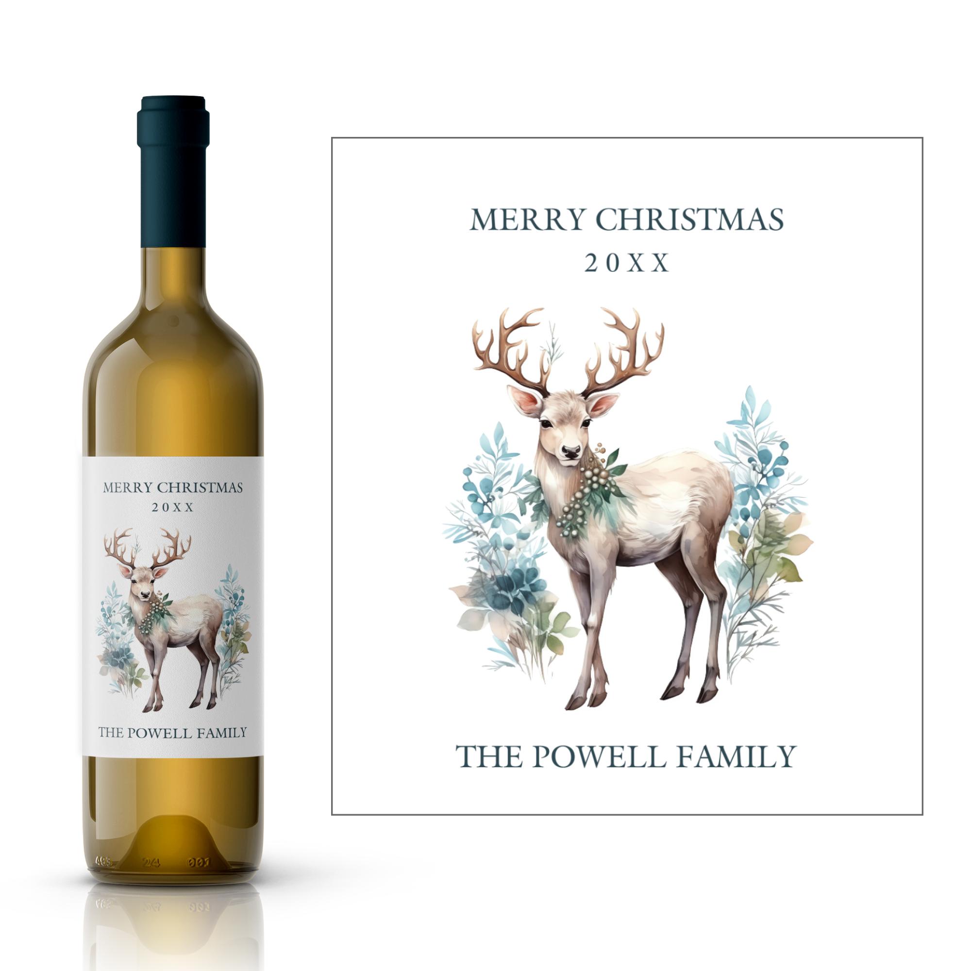 クリスマス水彩トナカイワインラベル | メリークリスマスワインラベル