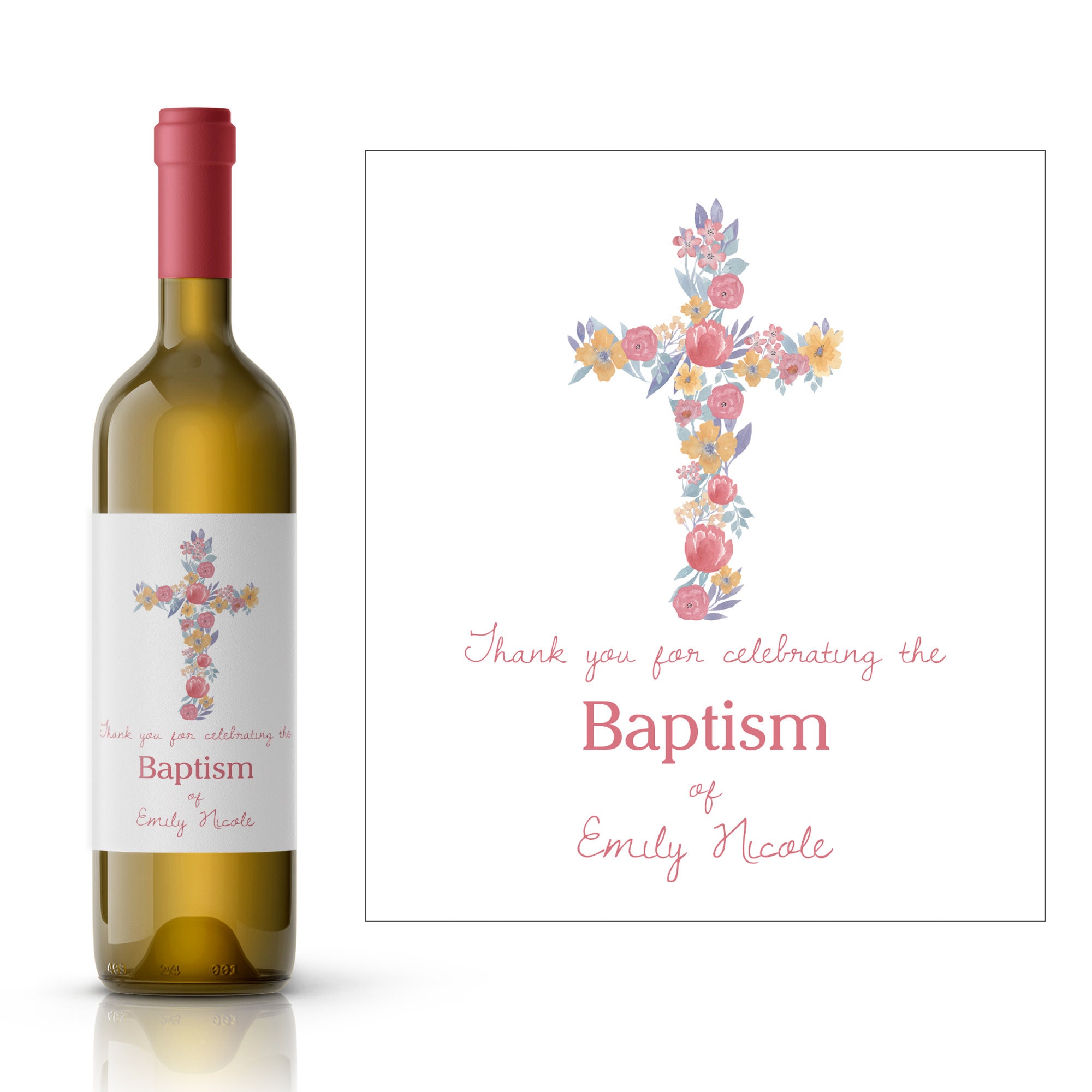 Floral Cross Personalized Wine Label | Custom Baptism Wine Label | Church Event Favor | Celebration Wine Label | Church Confirmation Wine