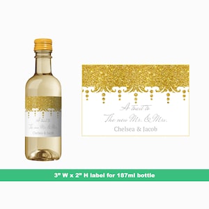 Gold Glitter Personalized Wedding Mini Wine Labels | Wedding Reception Mini Bottle Labels | Formal Mini Wine Labels | 187 ml Bottle Labels